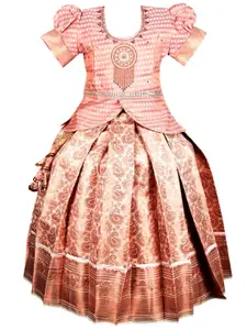 AMIRTHA FASHION Girls Peach-Coloured & Copper-Toned Embroidered Thread Work Ready to Wear Lehenga &