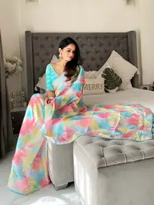 Anouk Pink & Blue Abstract Printed With Embroidered Border Holi Saree