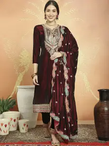 Stylee LIFESTYLE Maroon Embroidered Velvet Unstitched Dress Material