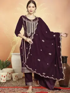 Stylee LIFESTYLE Burgundy Embroidered Velvet Unstitched Dress Material