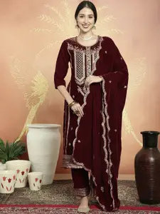 Stylee LIFESTYLE Maroon Embroidered Velvet Unstitched Dress Material