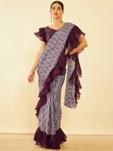 Soch Maroon Geometric Printed Pure Crepe Ready to Wear Ruffled Saree