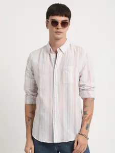 THE BEAR HOUSE Slim Fit Striped Cotton Linen Casual Shirt