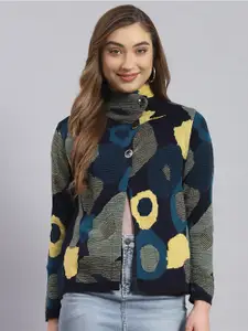 Monte Carlo Abstarct Printed Turtle Neck Woollen Front-Open Sweater