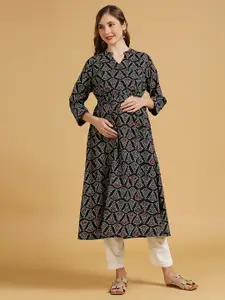 MomToBe Mandarin Collar Geometric Printed Pure Cotton Maternity Kurta