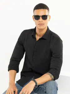 Snitch Black Classic Slim Fit Textured Casual Shirt