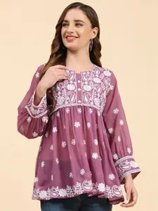 Growish Ethnic Motifs Embroidered Georgette A-Line Kurti