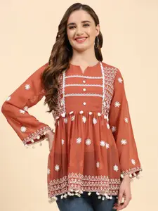 Growish Ethnic Motifs Embroidered Georgette A-Line Kurti