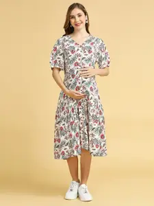 MomToBe Floral Printed V-Neck Maternity A-Line Midi Dress