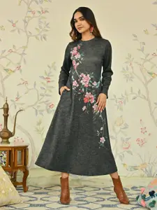 Rustorange Floral Printed A-Line Midi Dress