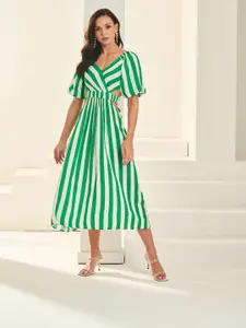By The Bay Striped V-Neck Puff Sleeves Midi Dress