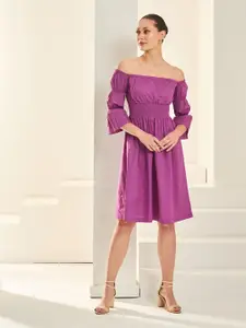 By The Bay Purple Smocked Off-Shoulder Fit and Flare Pure Cotton Dress