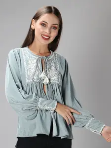 Amagyaa Ethnic Motifs Embroidered Tie-Up Shrug