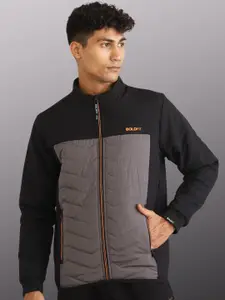 BOLDFIT Men Black Charcoal Colourblocked Windcheater Outdoor Padded Jacket