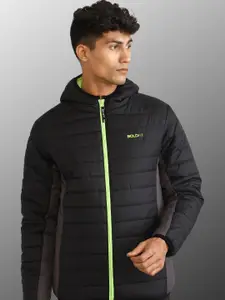 BOLDFIT Men Black Fluorescent Green Windcheater Outdoor Padded Jacket