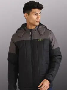 BOLDFIT Men Black Grey Colourblocked Windcheater Outdoor Padded Jacket