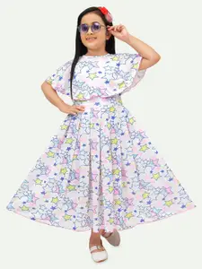 BAESD Girls Conversational Printed Cape Sleeves Pleated Cotton Maxi Fit & Flare Dress