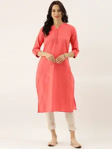 KALINI Mandarin Collar Roll-Up Sleeves Cotton Straight Kurta