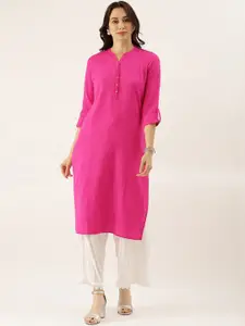 KALINI Mandarin Collar Roll-Up Sleeves Cotton Straight Kurta
