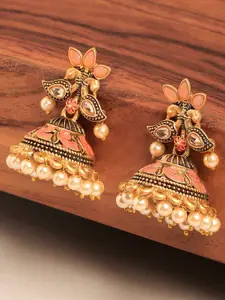 OOMPH Peach-Coloured & Gold-Toned Peacock Shaped Jhumkas Earrings
