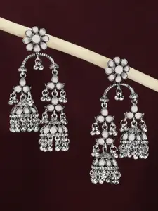 OOMPH Silver-Toned Floral Jhumkas Earrings