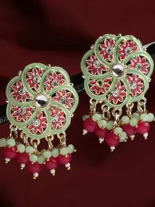 OOMPH Studded Floral Meenakari Drop Earrings