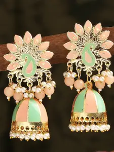 OOMPH Peach-Coloured & Green Floral Jhumkas Earrings