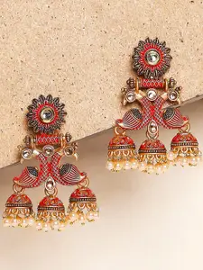 OOMPH Red & Gold-Toned Peacock Shaped Jhumkas Earrings