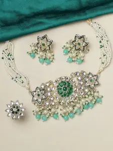 OOMPH Kundan-studded & Beaded Layer Choker Jadau Necklace & Earrings With Finger Ring