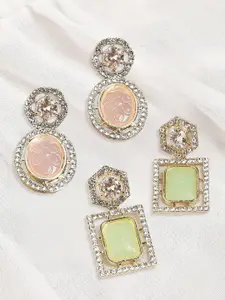 OOMPH Set Of 2 Geometric Shaped American Diamond-Studded Drop Earrings
