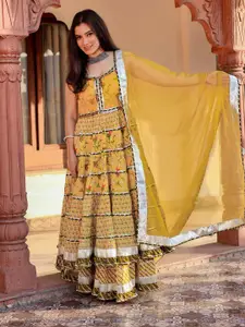 KALINI Floral Embroidered Gotta Patti Pure Cotton Anarkali Kurta With Skirt & Dupatta