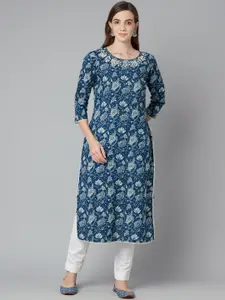 KALINI Floral Printed Thread Work Cotton Straight Kurta