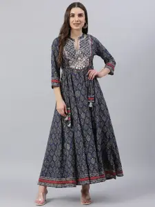 KALINI Ethnic Motifs Printed Sequinned Detailed Cotton Maxi Ethnic Dress