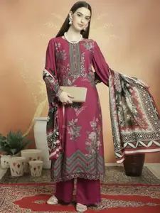 Stylee LIFESTYLE Magenta Printed Pure Silk Unstitched Dress Material