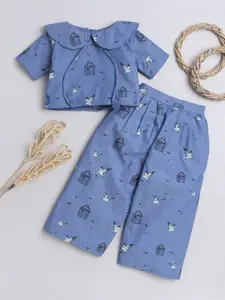 Knitting Doodles Girls Printed Pure Cotton Chambray Crop Top and Pleated Trousers