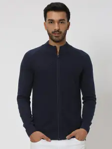 Mufti Chevron Self Design Mock Collar Pure Cotton Front-Open Sweater