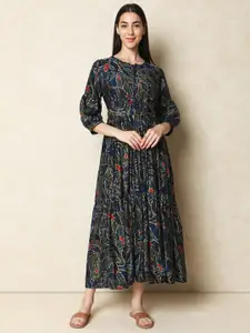 Indifusion Floral Printed Tie-Up Neck Cotton Fit & Flare Dress
