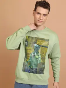 HIGHLANDER Green Graphic Printed Long Sleeves Oversized Pullover Sweatshirt