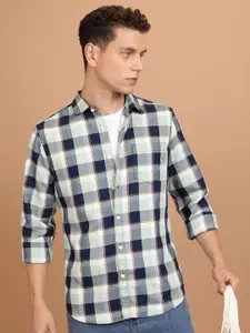 HIGHLANDER Navy Blue & White Slim Fit Tartan Checks Casual Shirt