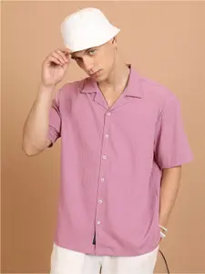 HIGHLANDER Lavender-Coloured Textured Cuban Collar Short Sleeves Oversized Casual Shirt