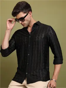HIGHLANDER Black Textured Long Sleeves Oversized Casual Shirt