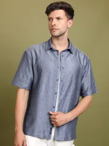 HIGHLANDER Blue Textured Spread Collar Short Sleeves Oversized Casual Crochet Shirt