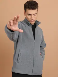 HIGHLANDER Grey Mock Collar Drop Shoulder Sleeves Oversized Front-Open Sweatshirt