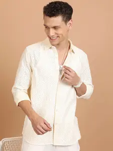 HIGHLANDER Cream-Coloured Textured Long Sleeves Oversized Casual Shirt