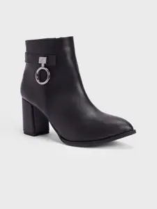 20Dresses Women Black Buckle Detail Block-Heeled Mid-Top Chunky Boots