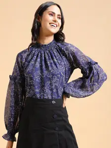 Tokyo Talkies Floral Printed High Neck Puff Sleeves Top