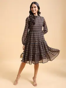 Tokyo Talkies Brown Print Fit & Flare Midi Dress