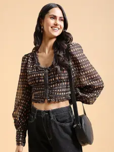 Tokyo Talkies Brown Geometric Printed Bishop Sleeves Ruffle Trim Ruched Crop Top