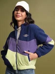 Tokyo Talkies Navy Blue & Yellow Colourblocked Front Open Sweatshirt