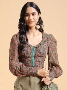 Tokyo Talkies Green Floral Printed Puff Sleeves Ruffles Crop Top
